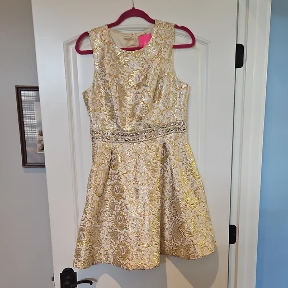 Lilly Pulitzer Levy Dress (Size 8) (Gold Metallic Blooming Floral Brocade)